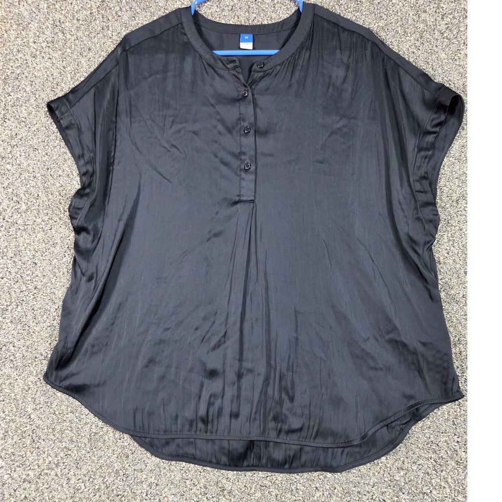 Old‎ Navy Henley Blouse Women XL Black Satin Short Sleeve High Low Top
